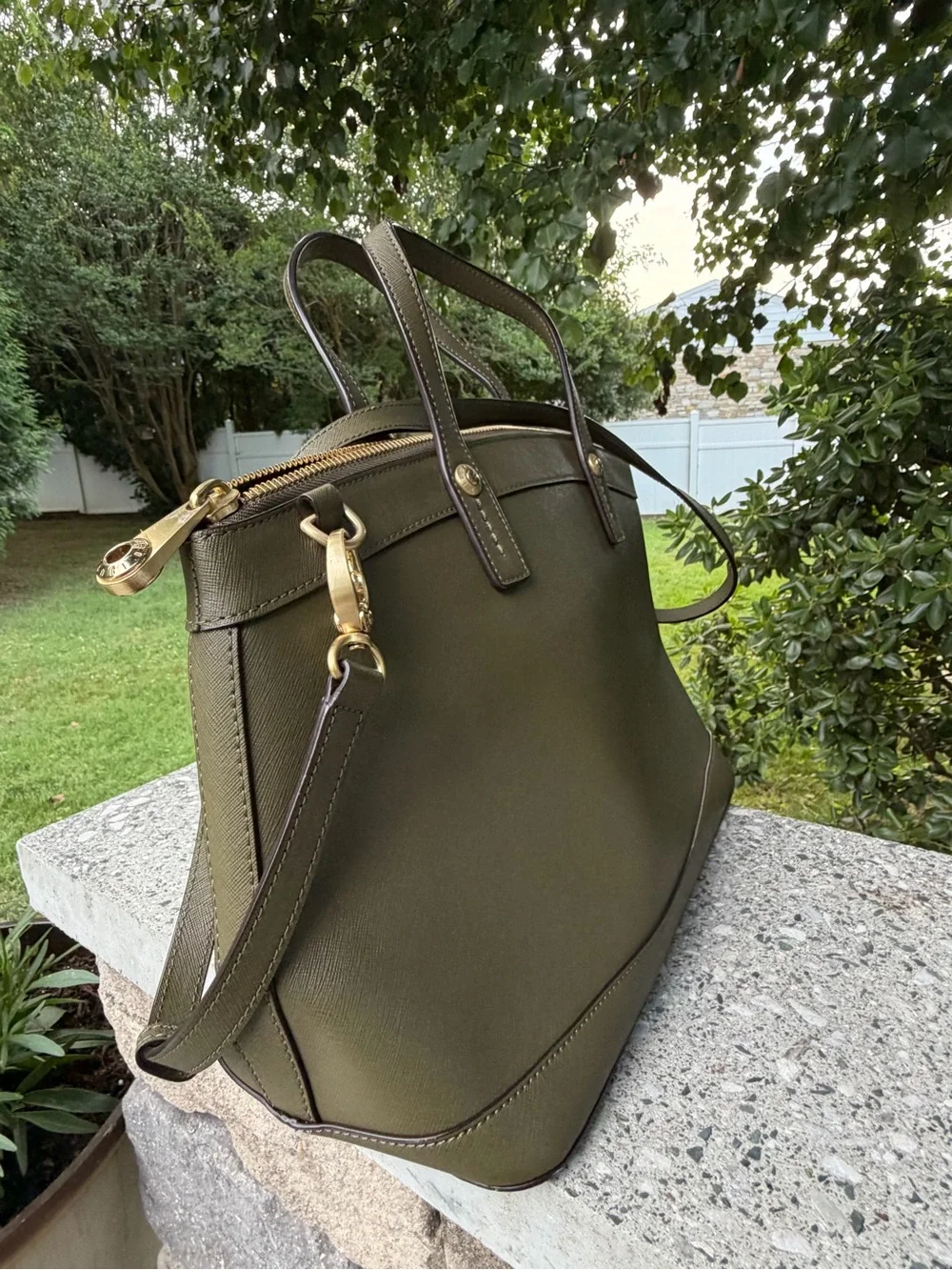 henri bendel Olive Saffiano Leather Satchel with Gold Hardware